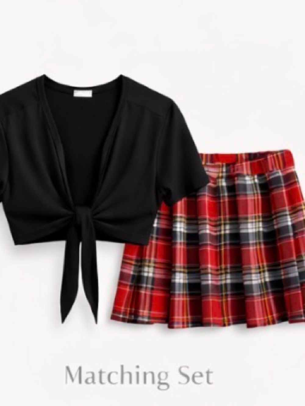 3/$20 Black Tie-Front Top & Red Plaid Mini Skirt Matching Set